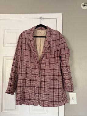 Free People We the Free Plaid Blazer Long Jacket Business Casual